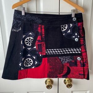 Desigual Black/Red Velvet Funky Patchwork Whimsical A-Line Wrap Mini Skirt 42 (L